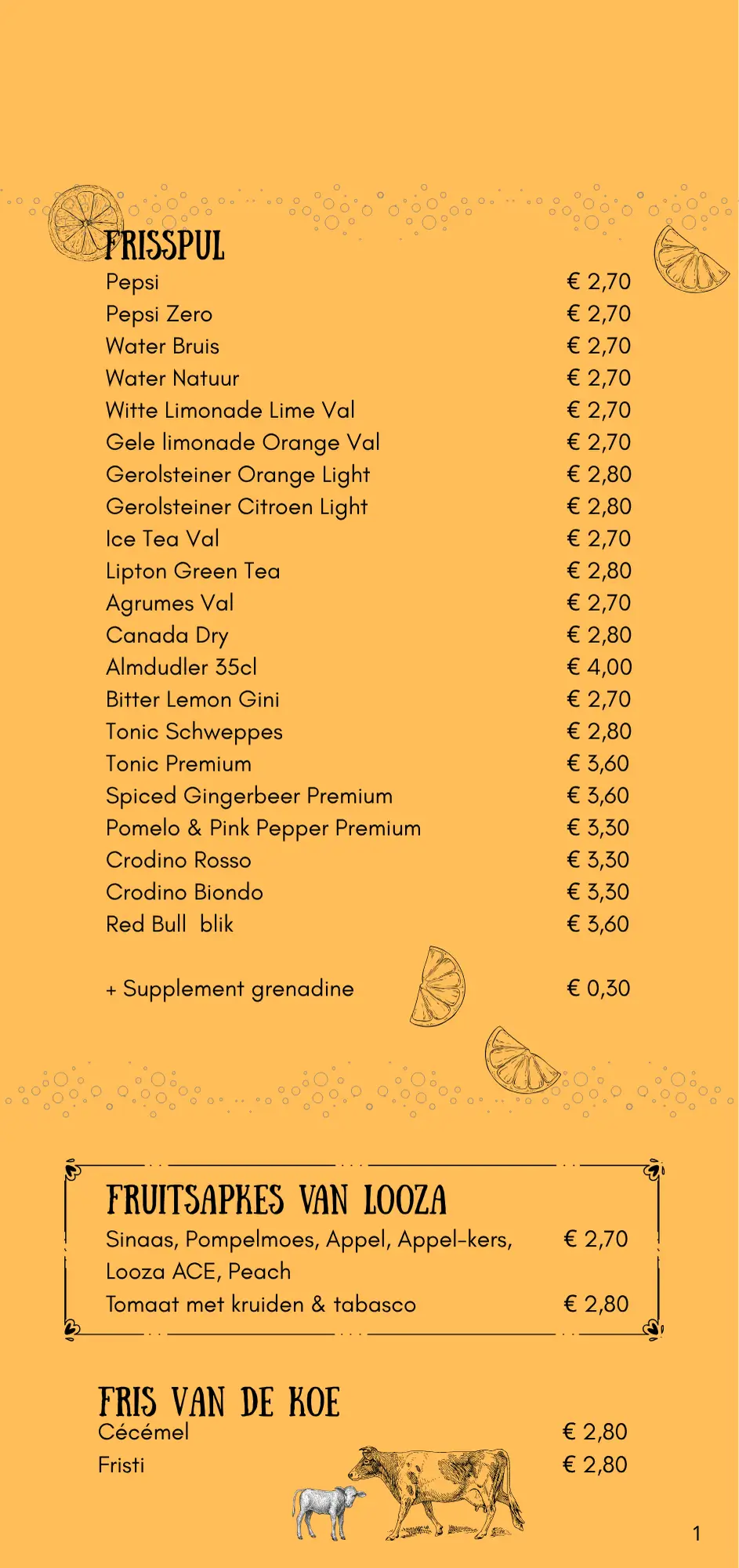 De eerste pagina van de Menu kaart van Claude