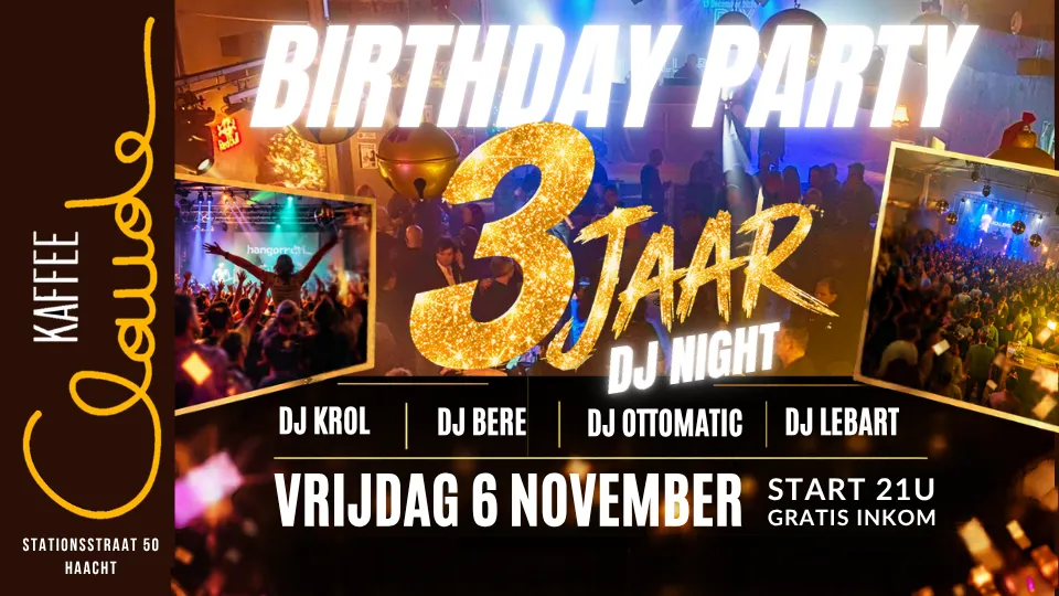 3 jaar Kaffee Claude: Birthday Party op 6 november 2026 met DJ Bere, DJ Lebart, DJ Krol en DJ Ottomatic. Gratis inkom in Haacht.