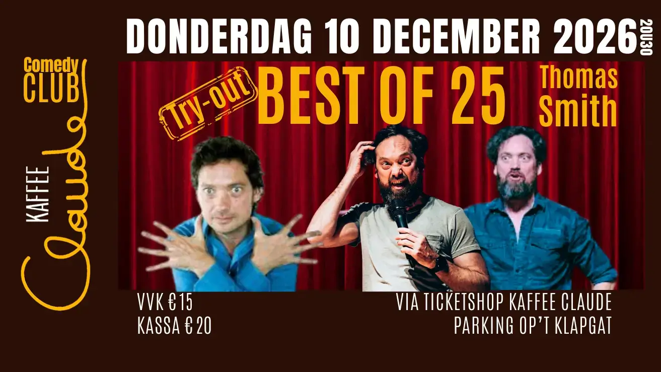 Affiche Thomas Smith 25 jaar Best Of stand-up comedy live in Kaffee Claude Haacht