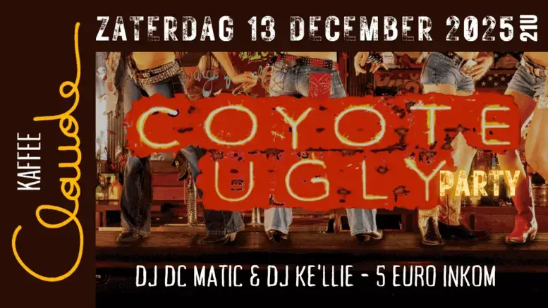 Affiche voor Coyote Ugly Party met datum, DJ’s en thematische visuals.