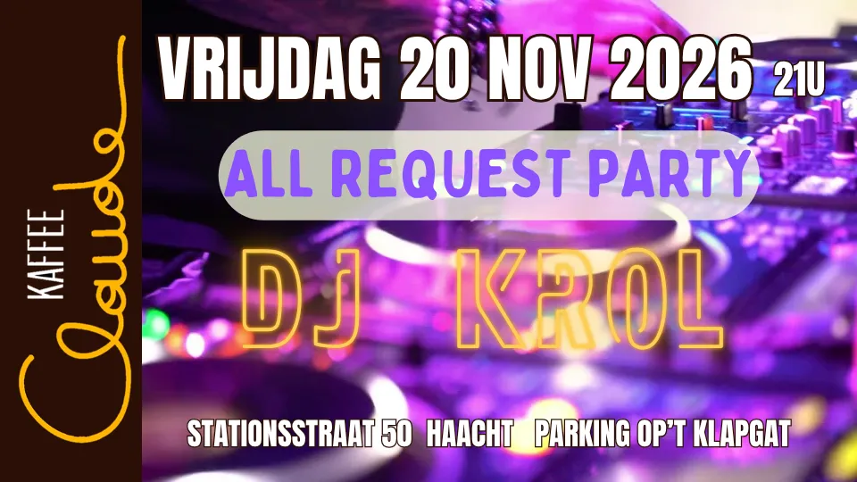 DJ Krol draait verzoeknummers bij Kaffee Claude in Haacht op 20 november 2026. Met ook de dartswedstrijd bij Claude Bullseyes.