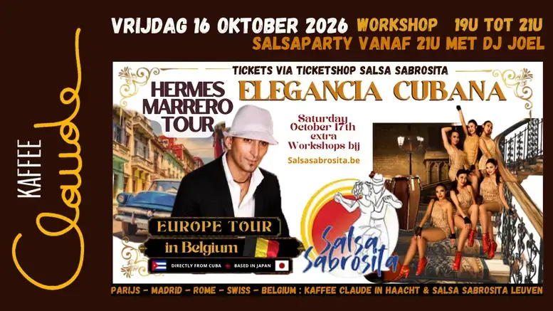 Hermes Marrero geeft Cubaanse salsa workshop tijdens de Elegancia Cubana Tour bij Kaffee Claude in Haacht gevolgd door een Latin Party met DJ Joel uit Cuba.