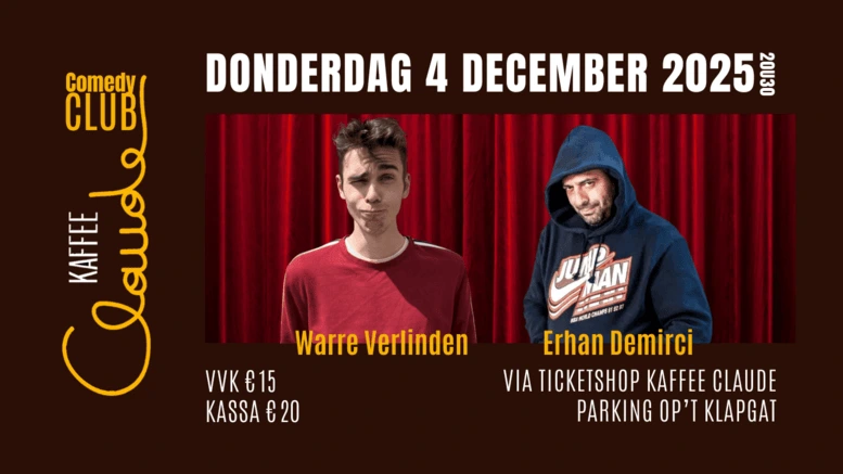 Affiche Claude Comedy Club december — Warre Verlinden en Erhan Demirci.