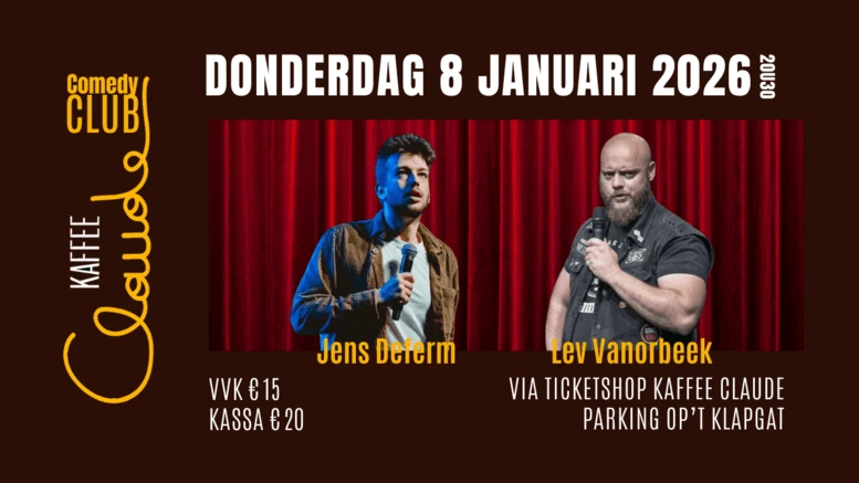Affiche Claude Comedy Club januari — Jens Deferm en Lev Vanorbeek.