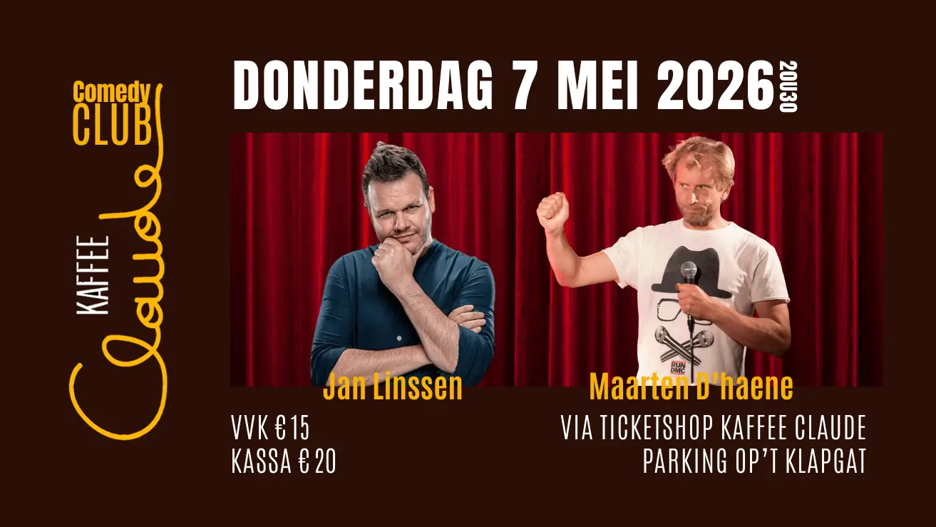 Affiche Claude Comedy Club mei — Jan Linssen en Maarten D’Haene.