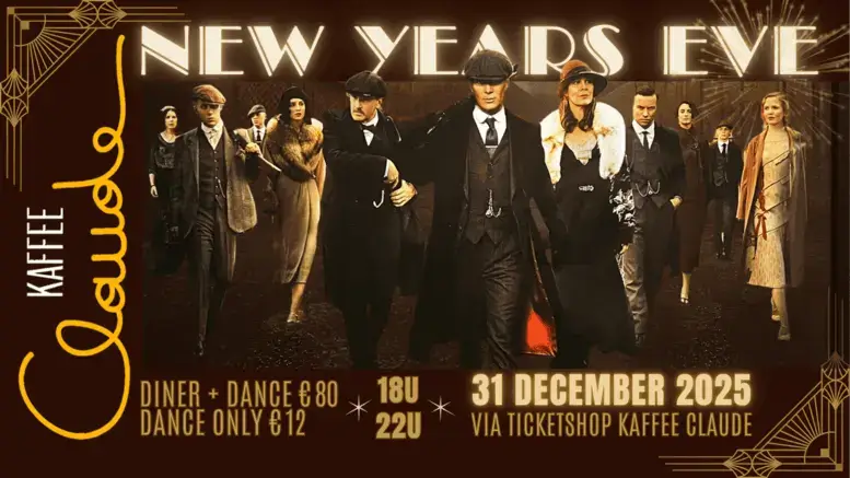 Affiche van de Peaky Blinders New Year’s Eve bij Kaffee Claude met jaren 1920 sfeer