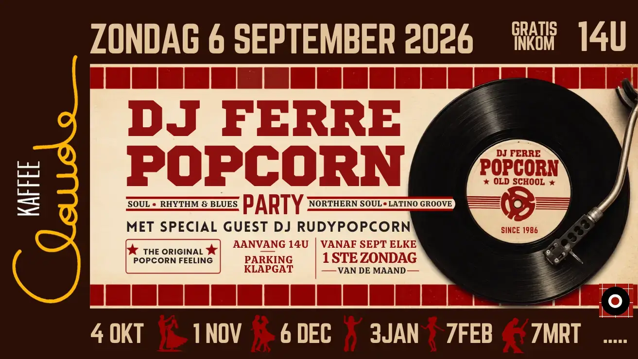 DJ Ferre Popcorn draait authentieke Belgische Popcornmuziek tijdens de Popcorn Party bij Kaffee Claude in Haacht met een sfeervolle dansvloer en nostalgische ambiance.