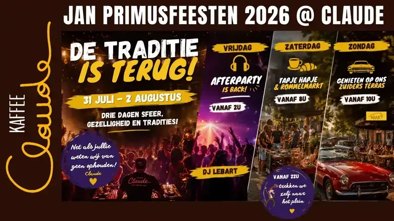 Bezoekers genieten van de Jan Primusfeesten afterparty bij Kaffee Claude in Haacht met DJ Lebart, terras, muziek en gezellige sfeer.